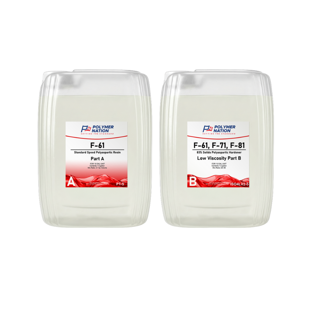 Polymer Nation F-61 combines a proprietary blend of polyol with Iso to create their slowest speed, clear polyaspartic